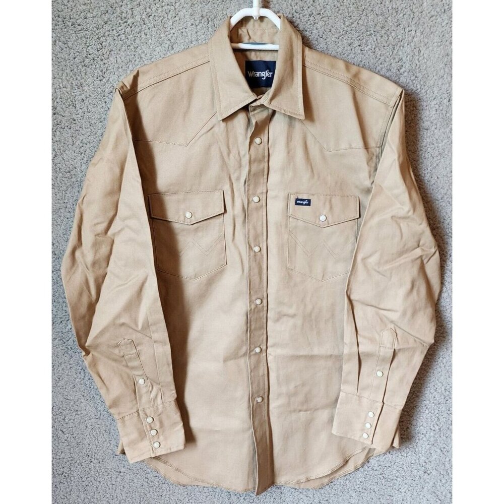 VTG Wrangler Tan Long Sleeve Pearl Snap Western Rodeo Cowboy Shirt 100% Cotton M